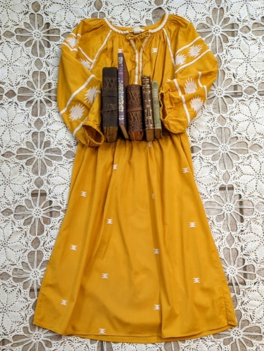 H&M Boho Embroidered Golden Sunflower Yellow Cotton Dress With Tassels